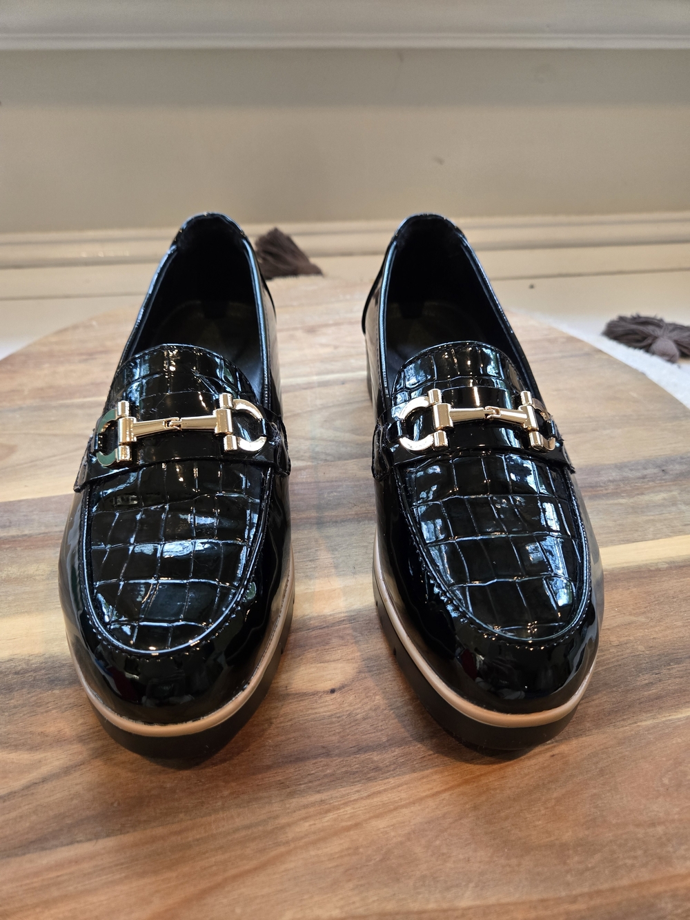 Croc-Embossed Patent Black Loafers with Gold Bit Accent
